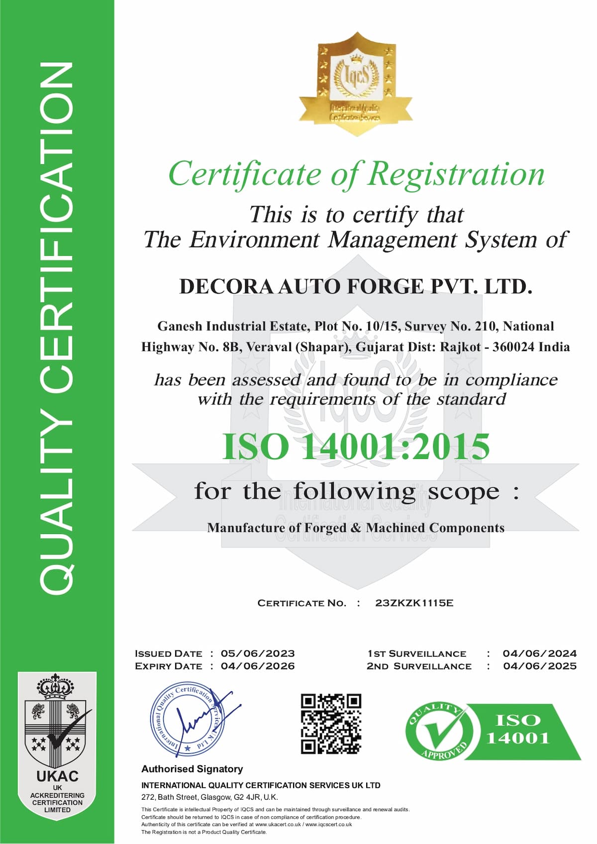 ISO 14001 Certificate